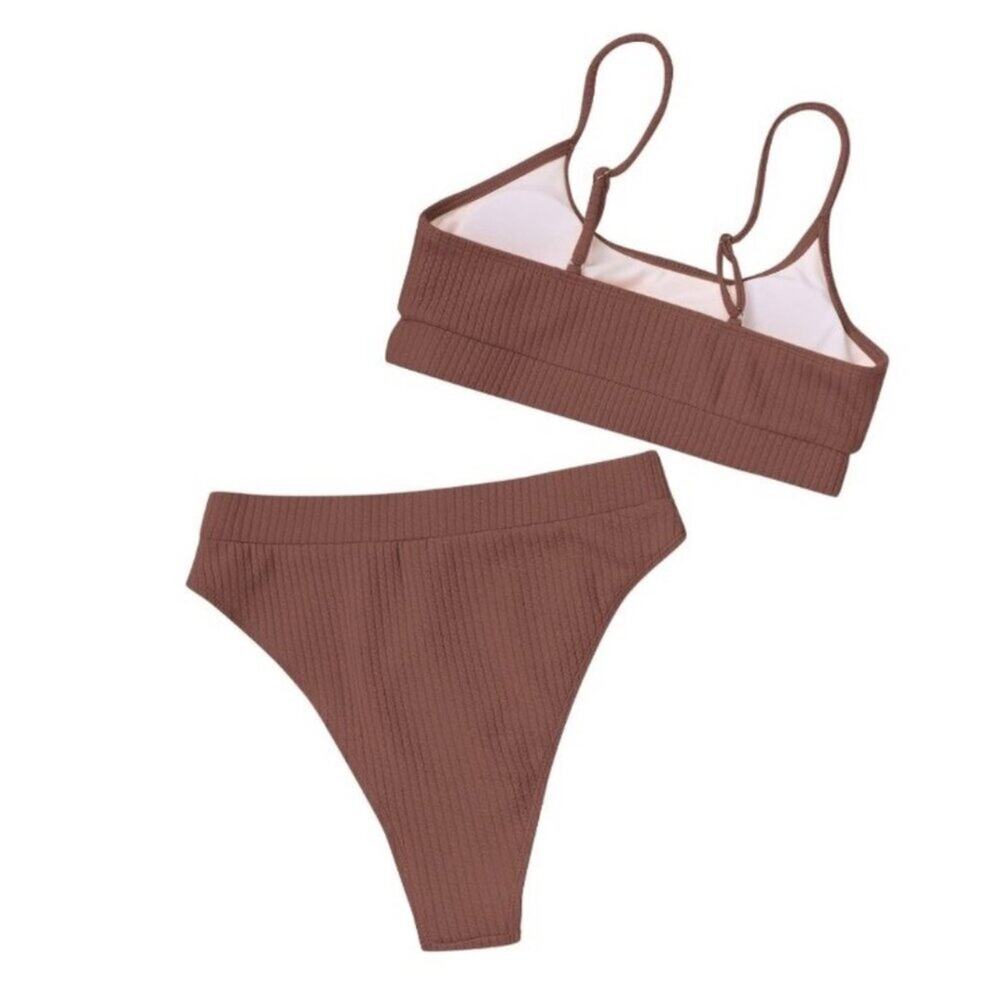 Women 2 Piece Swimsuit Medium Brown Scoop Neck Ribbed Bikini High-Cut Leg Cheeky - Picture 4 of 5